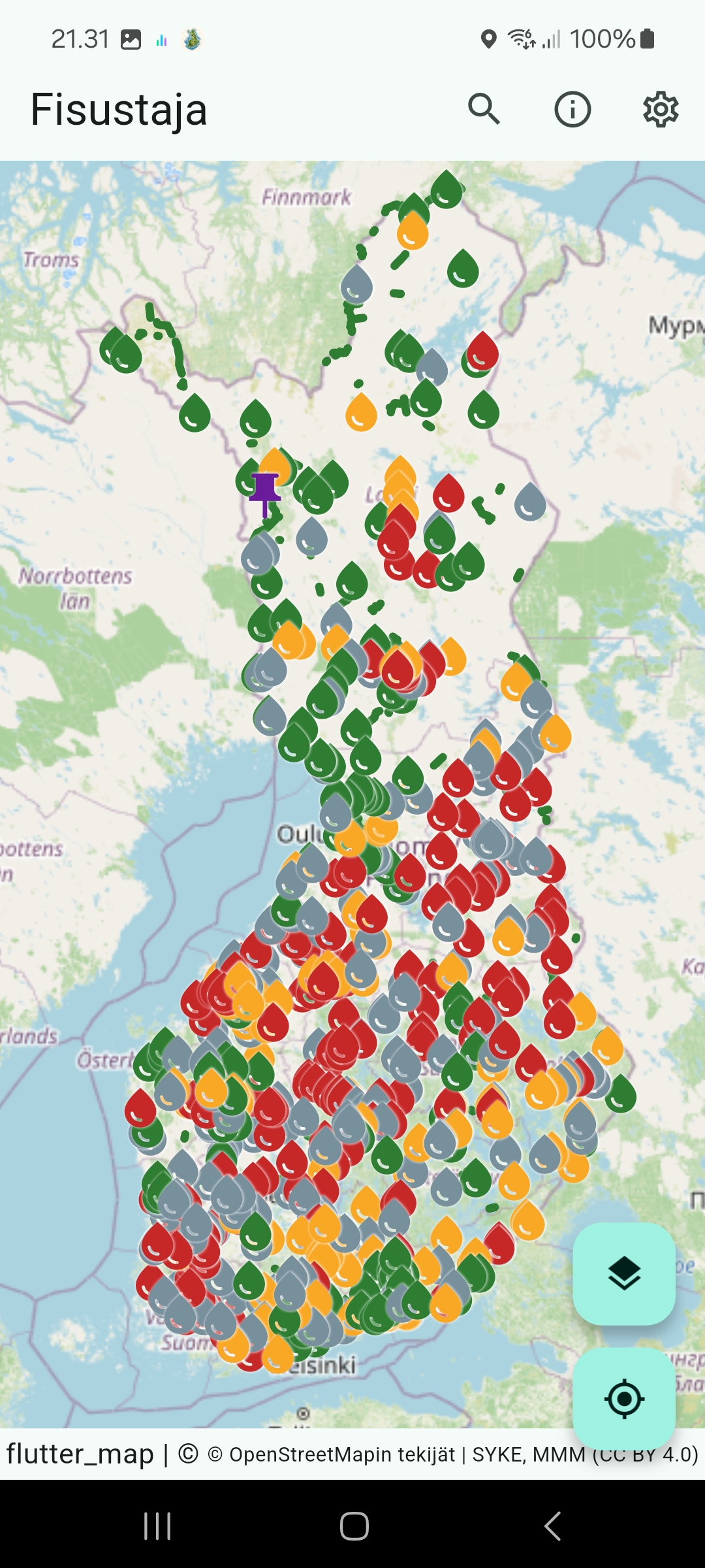 Fisustajan kartta ja värikoodatut kalapaikat